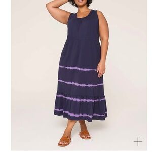 Scoop-Neck Tiered Swing Maxi Dress. Navy w/Purple Tie Dye Stripes - Size 18/20